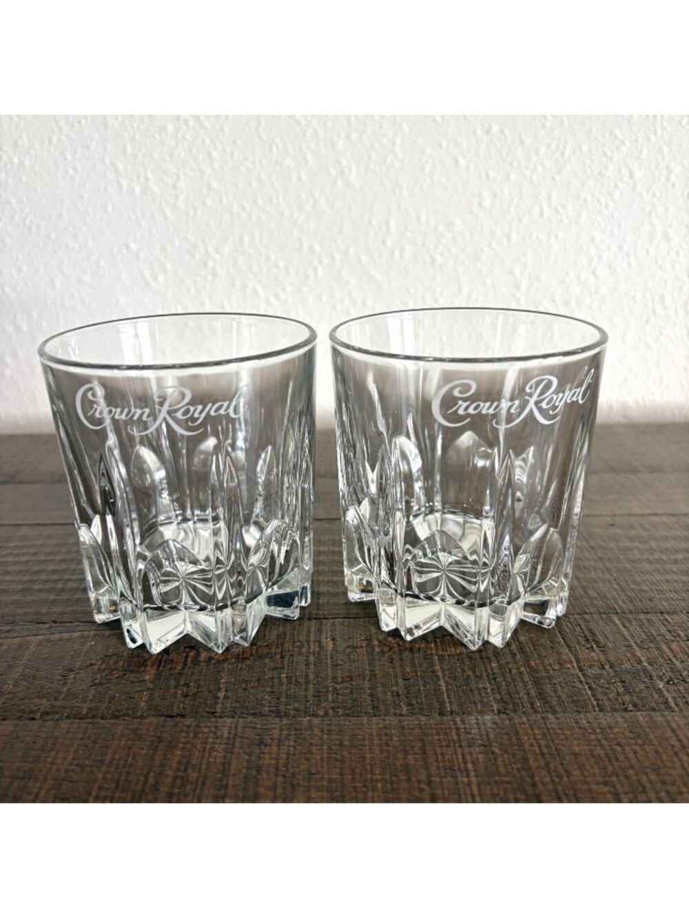 Crown Royal Whiskey Rocks Glass Set of 2 Starburst‎ Base Etched Logo Italy